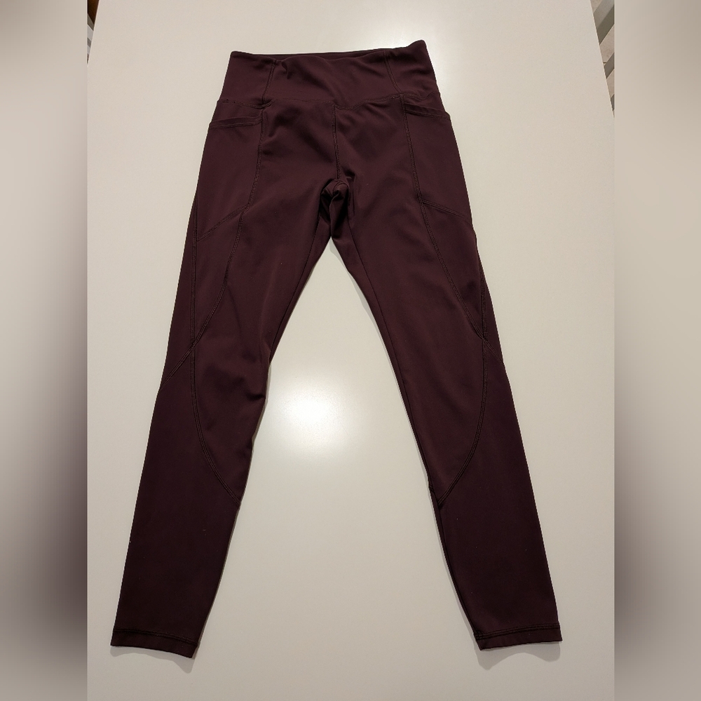 High Waisted Athletic Pocket Leggings Burgundy Wine 7/8 Length Yoga Pants - Picture 4 of 10